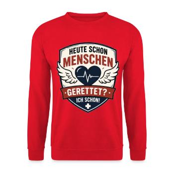 Rettungshelden Badge: Heute Schon Gerettet - Unisex Pullover - Rot - Vorne - Alina (178cm) & Michal (187cm)