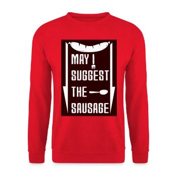 may i suggest the sausage funny desing - Sweat-shirt Unisexe - rouge - Devant - Alina (178cm) & Michal (187cm)