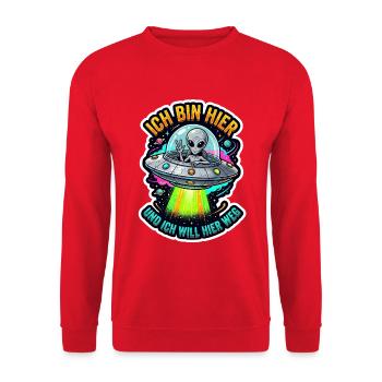 UFO Alien Sticker: Hier Weg - Unisex Pullover - Rot - Vorne - Alina (178cm) & Michal (187cm)