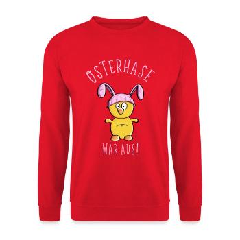 Osterhase war aus -Das Küken ran - Frohe Ostern - Unisex Pullover - Rot - Vorne - Alina (178cm) & Michal (187cm)