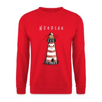 Lustiger Nordsee Leuchtturm Comic - Unisex Pullover - Rot - Vorne - Alina (178cm) & Michal (187cm)