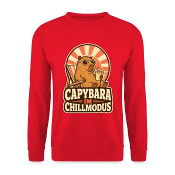 Capybara im Chillmodus – Lustiger Tier Spruch - Unisex Pullover - Rot - Vorne - Alina (178cm) & Michal (187cm)