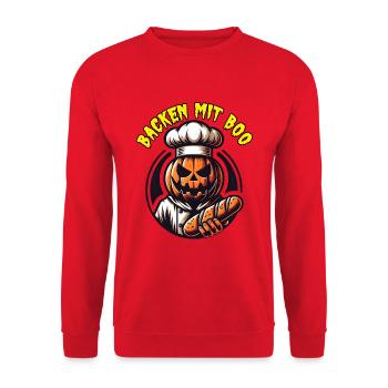 Halloween Kürbis mit Bäckermütze und Brot - Unisex Pullover - Rot - Vorne - Alina (178cm) & Michal (187cm)