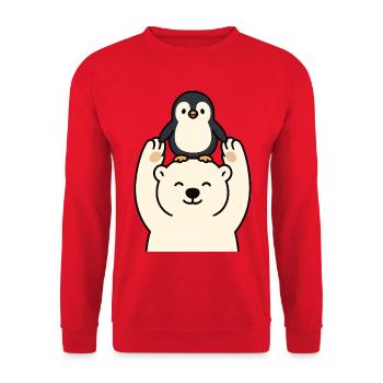 Freundschaft zwischen Eisbär und Pinguin - Unisex Pullover - Rot - Vorne - Alina (178cm) & Michal (187cm)