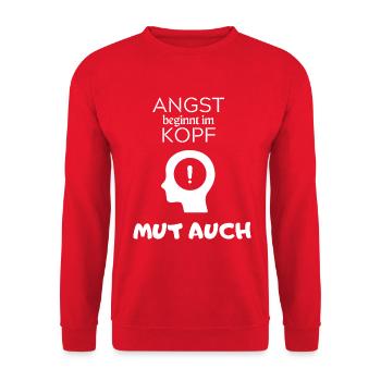 Angst beginnt im Kopf Mut auch - Unisex Pullover - Rot - Vorne - Alina (178cm) & Michal (187cm)