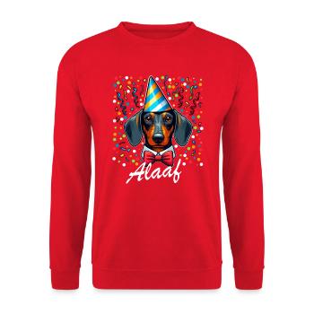 Dackel feiert Karneval mit Konfetti Köln Alaaf Wau - Unisex Pullover - Rot - Vorne - Alina (178cm) & Michal (187cm)