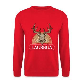 Lausbua Hirsch Lederhosen - Unisex Pullover - Rot - Vorne - Alina (178cm) & Michal (187cm)