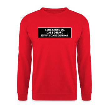 Lebe stets so, dass die AfD etwas dagegen hat. - Unisex Pullover - Rot - Vorne - Alina (178cm) & Michal (187cm)