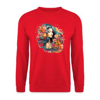 Frau verziert mit Blumen und tollen Farben - Unisex Pullover - Rot - Vorne - Alina (178cm) & Michal (187cm)
