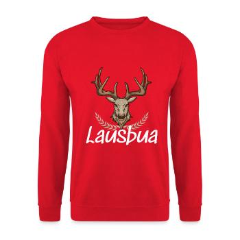 Lausbua Hirsch Lederhosen - Unisex Pullover - Rot - Vorne - Alina (178cm) & Michal (187cm)