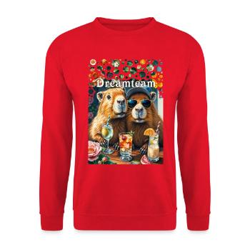 Dreamteam Capybara Couple Teamwork Freizeit - Unisex Pullover - Rot - Vorne - Alina (178cm) & Michal (187cm)