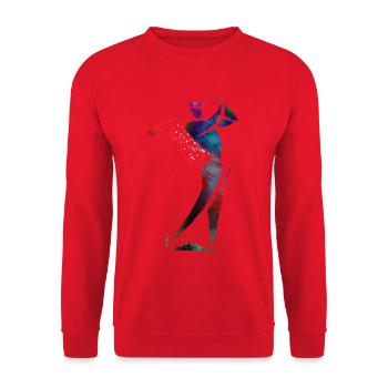 Farbenfroher Golfer in Bewegung - Unisex Pullover - Rot - Vorne - Alina (178cm) & Michal (187cm)