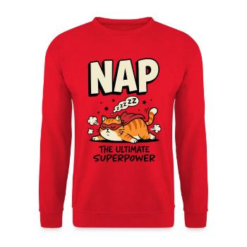 Schlafende Superhelden-Katze – Nap Superpower - Unisex Pullover - Rot - Vorne - Alina (178cm) & Michal (187cm)