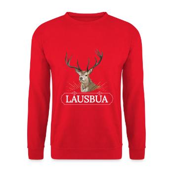 Lausbua Hirsch Lederhosen - Unisex Pullover - Rot - Vorne - Alina (178cm) & Michal (187cm)