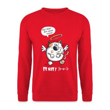 Er war's - Katze - Katzen - Engel - Comic - Unisex Pullover - Rot - Vorne - Alina (178cm) & Michal (187cm)