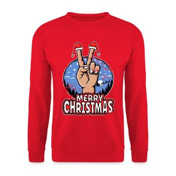 Frohes Weihnachten Peacezeichen Motiv Blau - Unisex Pullover - Rot - Vorne - Alina (178cm) & Michal (187cm)