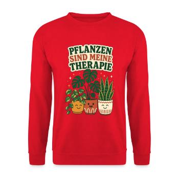 Pflanzen sind meine Therapie – Pflanzen Spruch - Unisex Pullover - Rot - Vorne - Alina (178cm) & Michal (187cm)