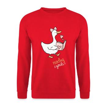Leseziele Ente mit Herz - Unisex Pullover - Rot - Vorne - Alina (178cm) & Michal (187cm)