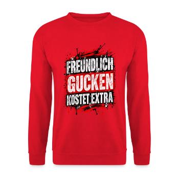 Freundlich gucken kostet extra – Fun Shirt - Unisex Pullover - Rot - Vorne - Alina (178cm) & Michal (187cm)