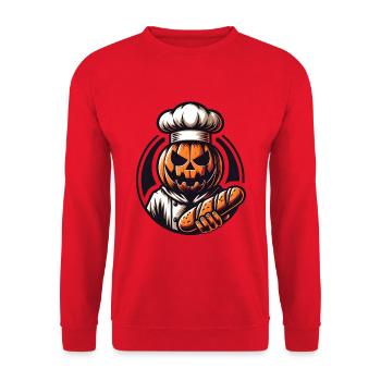 Halloween Kürbis mit Bäckermütze und Brot - Unisex Pullover - Rot - Vorne - Alina (178cm) & Michal (187cm)