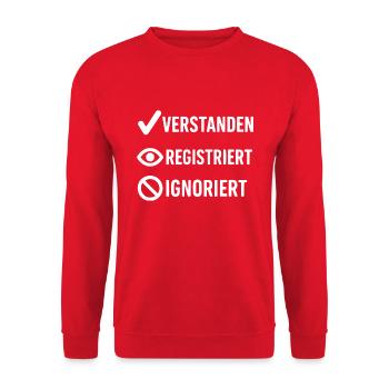 Lustiges Statement Shirt Büro Sarkasmus - Unisex Pullover - Rot - Vorne - Alina (178cm) & Michal (187cm)