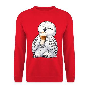 Schneeeule mit Latte Macchiato - Unisex Pullover - Rot - Vorne - Alina (178cm) & Michal (187cm)