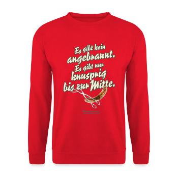Grillen Spruch Angebrannt Knusprig - Unisex Pullover - Rot - Vorne - Alina (178cm) & Michal (187cm)
