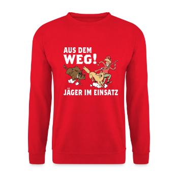 Aus dem Weg Jäger im Einsatz Jagen Wildschwein - Unisex Pullover - Rot - Vorne - Alina (178cm) & Michal (187cm)