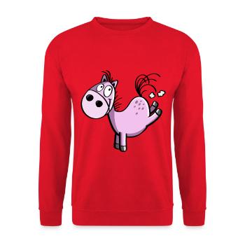 Witziges buckelndes Cartoon Pferd - Springpferd - Unisex Pullover - Rot - Vorne - Alina (178cm) & Michal (187cm)
