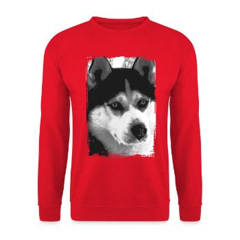 Schwarz-Weiß Husky Porträt - Unisex Pullover - Rot - Vorne - Alina (178cm) & Michal (187cm)