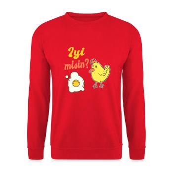 Niedliches Küken fragt Ei geht es dir gut türkisch - Unisex Pullover - Rot - Vorne - Alina (178cm) & Michal (187cm)