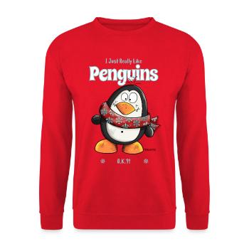 I Just Really Like Penguins Pinguin Spruch - Unisex Pullover - Rot - Vorne - Alina (178cm) & Michal (187cm)