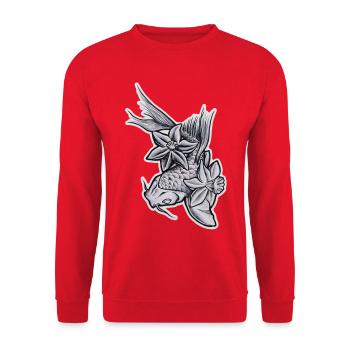 Koi und Blumen Zeichnung Tattoo Stil - Unisex Pullover - Rot - Vorne - Alina (178cm) & Michal (187cm)