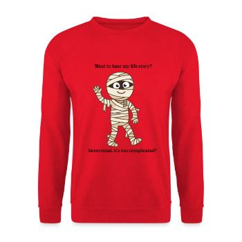 Too Complicated Mummy – lustiges Halloween-T-Shirt - Unisex Pullover - Rot - Vorne - Alina (178cm) & Michal (187cm)
