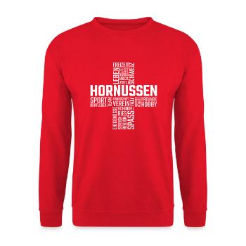 Hornussen Schweizerkreuz Word Cloud - Unisex Pullover - Rot - Vorne - Alina (178cm) & Michal (187cm)