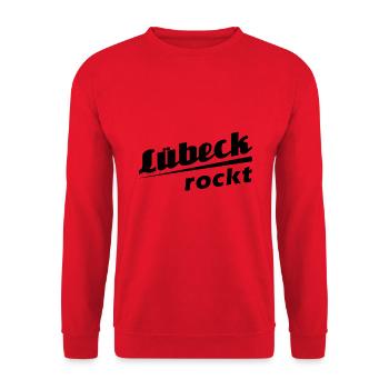 Lübeck rockt - Textdesign mit Stadtnamen - Unisex Pullover - Rot - Vorne - Alina (178cm) & Michal (187cm)