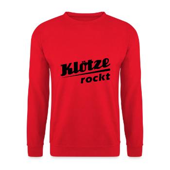 Klötze rockt - Textdesign mit Stadtnamen - Unisex Pullover - Rot - Vorne - Alina (178cm) & Michal (187cm)