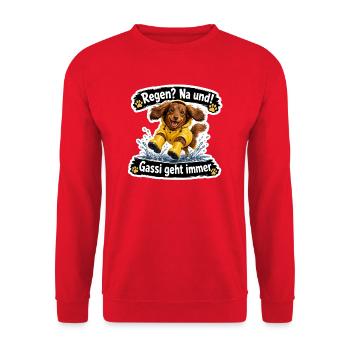 Regen? Na und! – Gassi geht immer - Unisex Pullover - Rot - Vorne - Alina (178cm) & Michal (187cm)