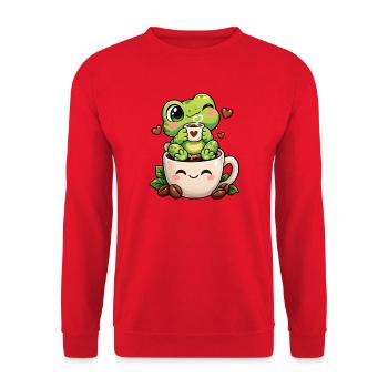 Kawaii Kaffeemaschine Frosch - Unisex Pullover - Rot - Vorne - Alina (178cm) & Michal (187cm)