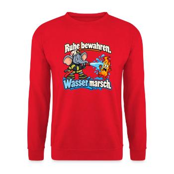 Feuerwehr-Elefant – Ruhe bewahren, Wasser marsch - Unisex Pullover - Rot - Vorne - Alina (178cm) & Michal (187cm)