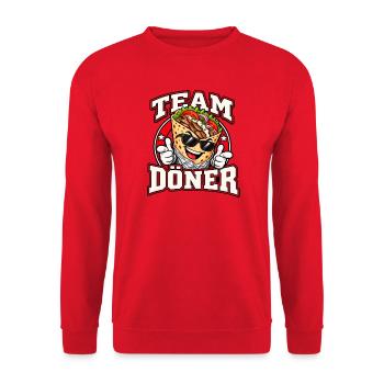 Team Döner – Lustiges Kebab Design - Unisex Pullover - Rot - Vorne - Alina (178cm) & Michal (187cm)
