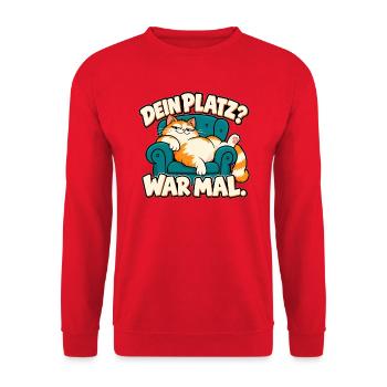 Dein Platz? War mal. – Freche Katze im Sessel - Unisex Pullover - Rot - Vorne - Alina (178cm) & Michal (187cm)