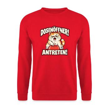 Dosenöffner! Antreten! – Hungrige Comic-Katze - Unisex Pullover - Rot - Vorne - Alina (178cm) & Michal (187cm)
