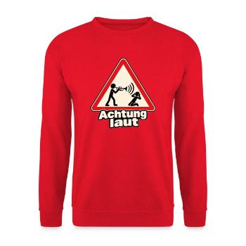 Achtung laut – Trompeter als Warnschild - Unisex Pullover - Rot - Vorne - Alina (178cm) & Michal (187cm)