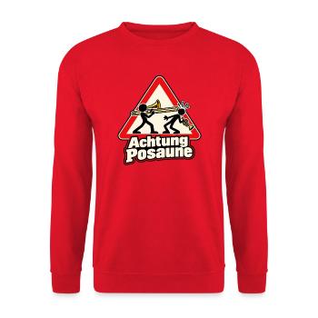 Achtung Posaune – Warnschild mit Musikerhumor - Unisex Pullover - Rot - Vorne - Alina (178cm) & Michal (187cm)