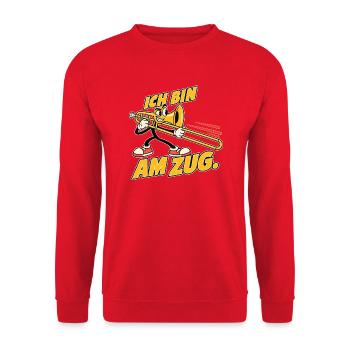 Ich bin am Zug – Lustiges Posaunen-Maskottchen - Unisex Pullover - Rot - Vorne - Alina (178cm) & Michal (187cm)