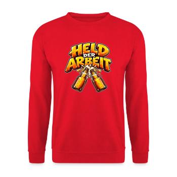 Held der Arbeit – Lustiges Feierabend Design - Unisex Pullover - Rot - Vorne - Alina (178cm) & Michal (187cm)