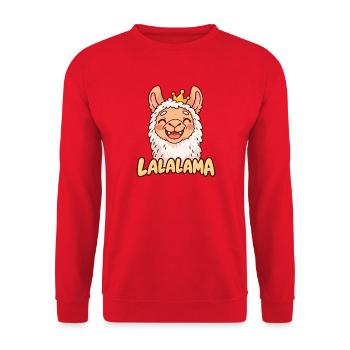 LALALAMA – Grinsendes Lama mit Krone - Unisex Pullover - Rot - Vorne - Alina (178cm) & Michal (187cm)