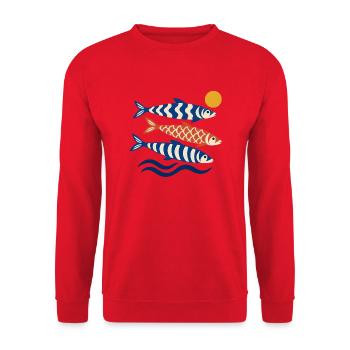 Koi Wellen im Sonnenkreis - Unisex Pullover - Rot - Vorne - Alina (178cm) & Michal (187cm)