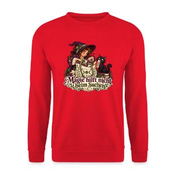 Hexe und Katze auf Lesezeichensuche - Unisex Pullover - Rot - Vorne - Alina (178cm) & Michal (187cm)